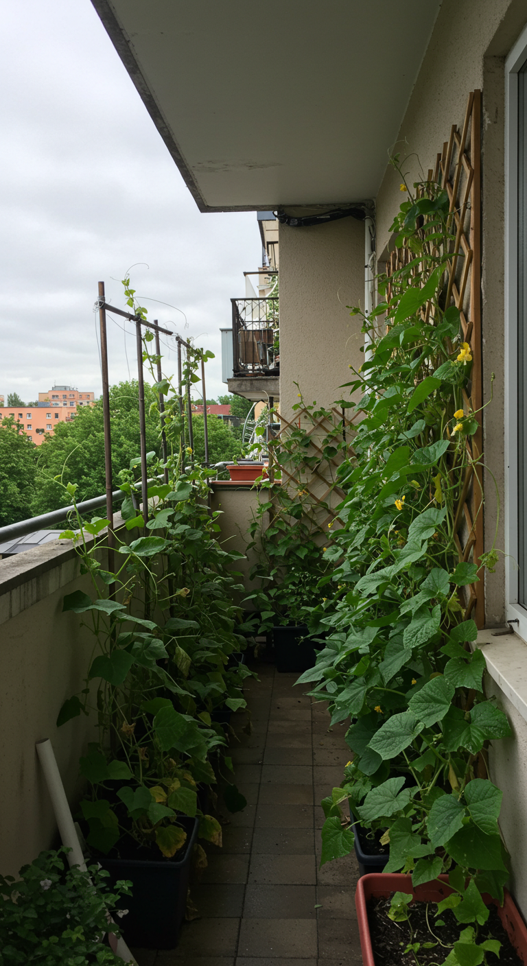 Balcony trellis with climbing edible plants (AI modified)
