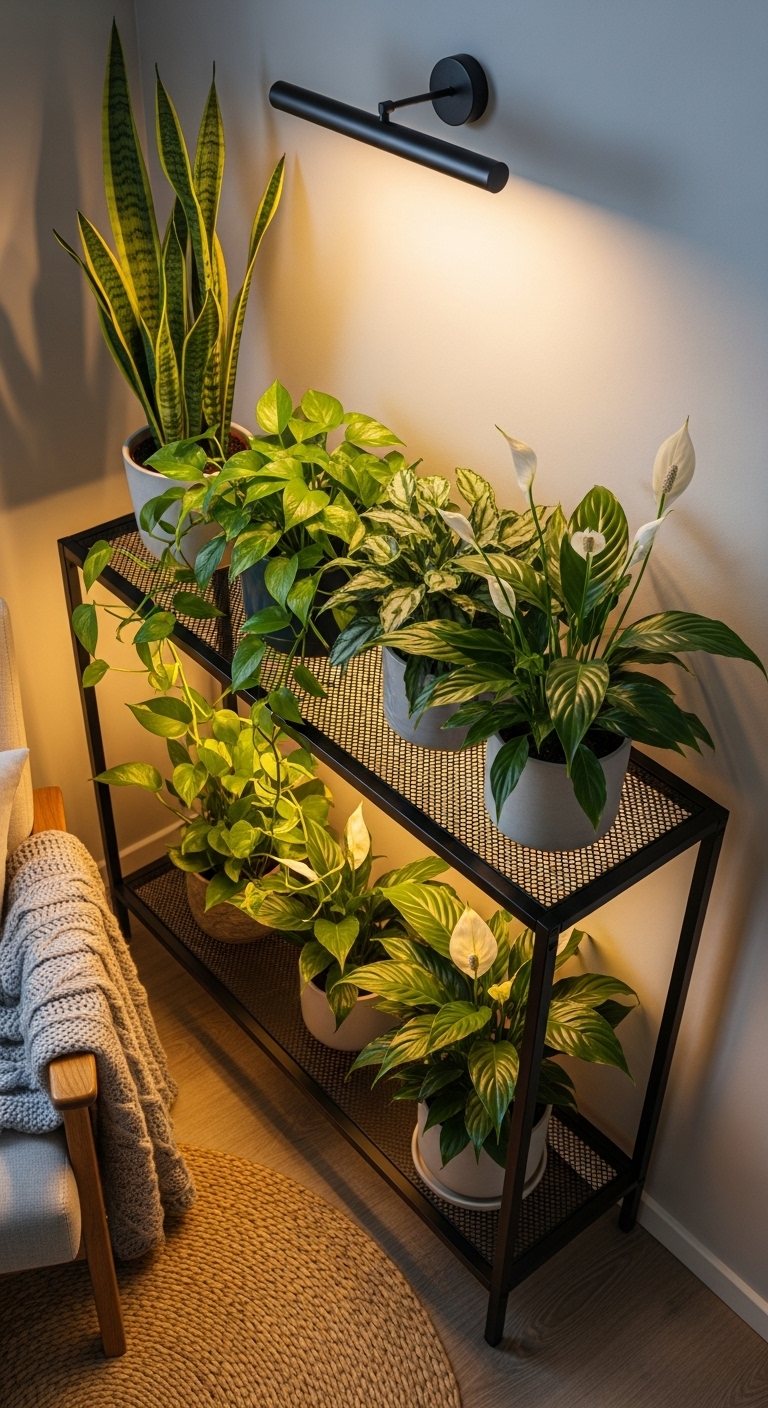 Bookshelf-style vertical garden with indoor plants (AI modified)