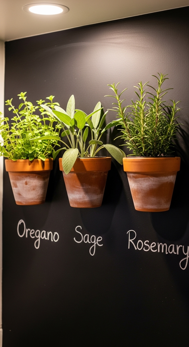 Chalkboard wall with labeled herb planters (AI modified)
