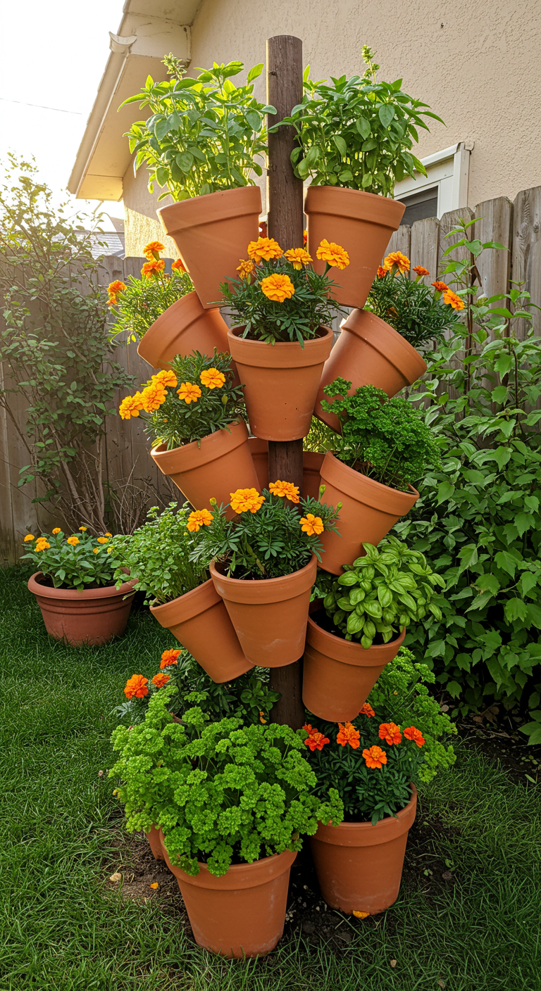 Clay pots stacked into a vertical tower of plants (AI modified)