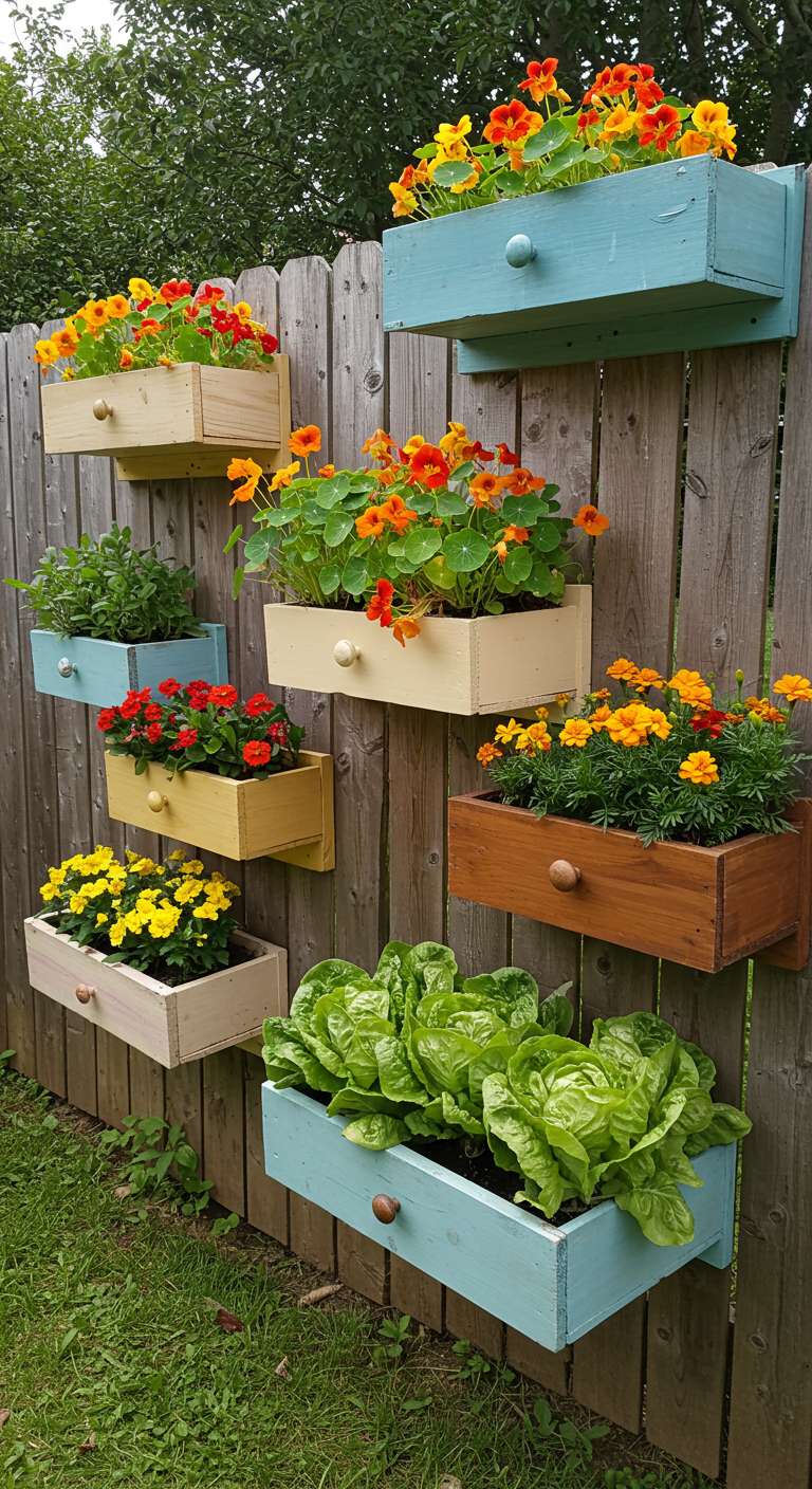 Dresser drawers repurposed as deep wall planters (AI modified)