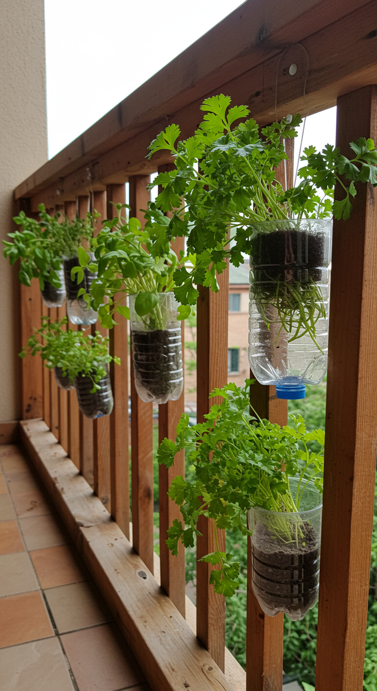 Hanging bottle rail with herbs growing upside down (AI modified)