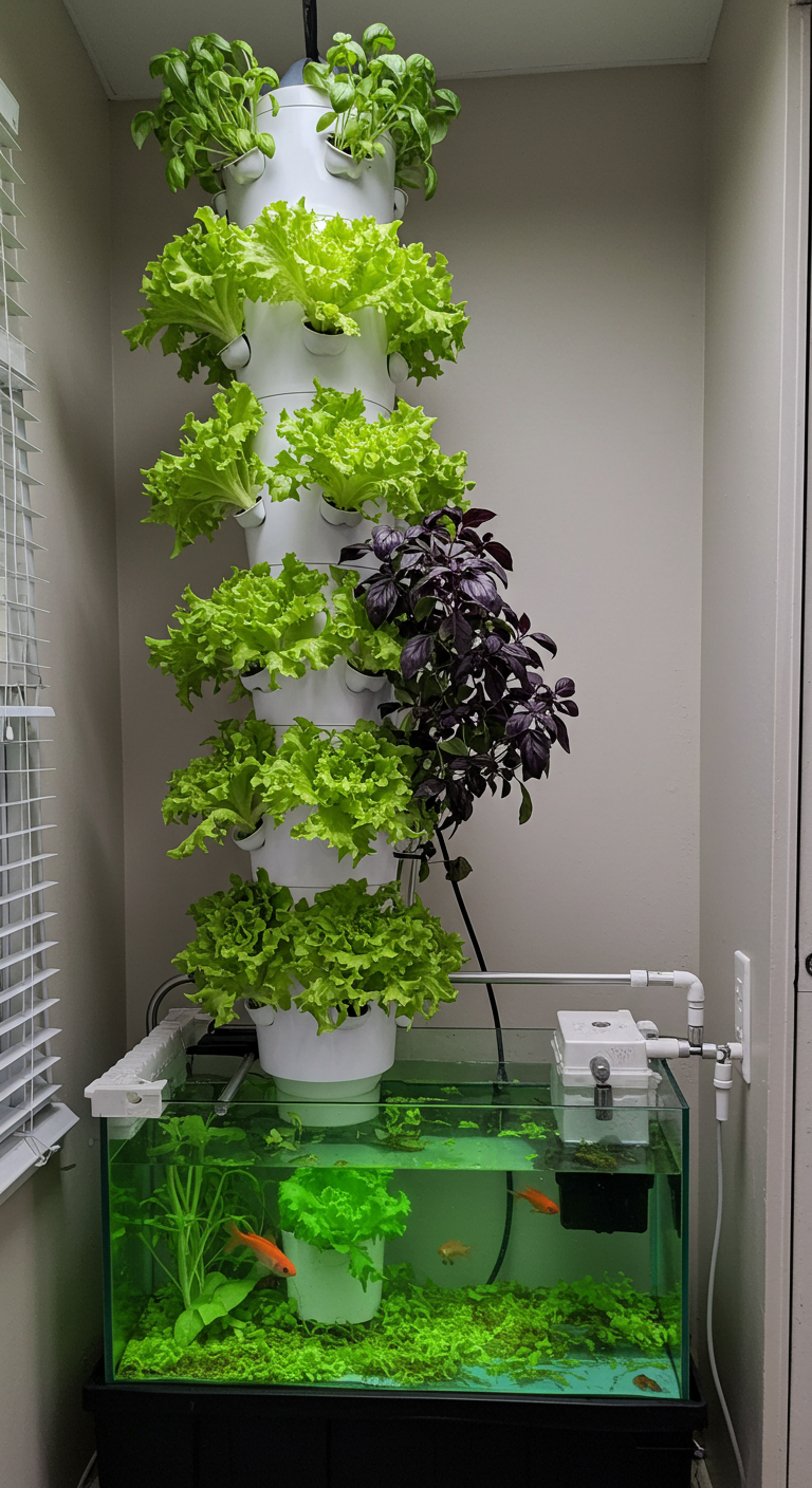 Indoor aquaponic vertical system combining fish and plants (AI modified)