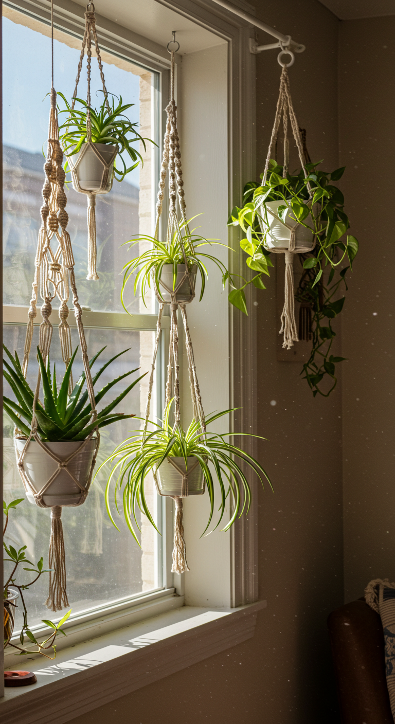 Macramé plant pods creating a vertical garden by a window (AI modified)