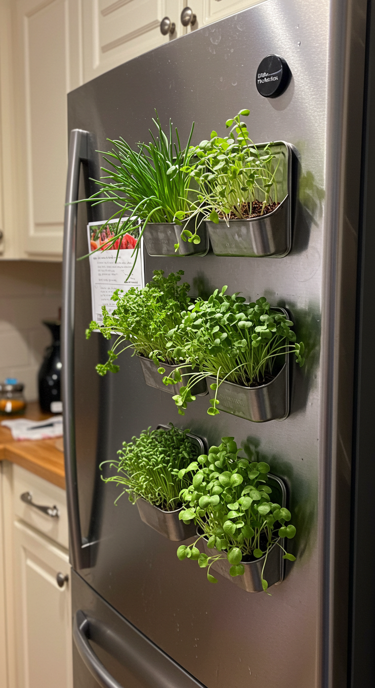 Magnetic spice jars turned into a micro herb garden (AI modified)