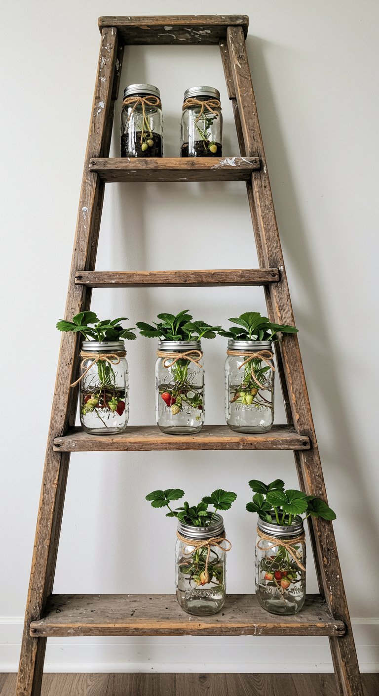 Mason jar ladder wall filled with strawberry plants (AI modified)