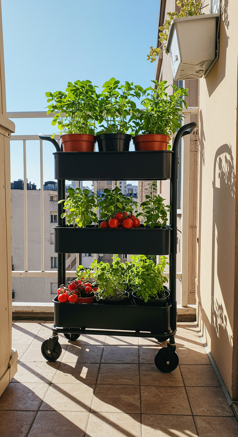 Mobile vertical garden cart on a balcony (AI modified)