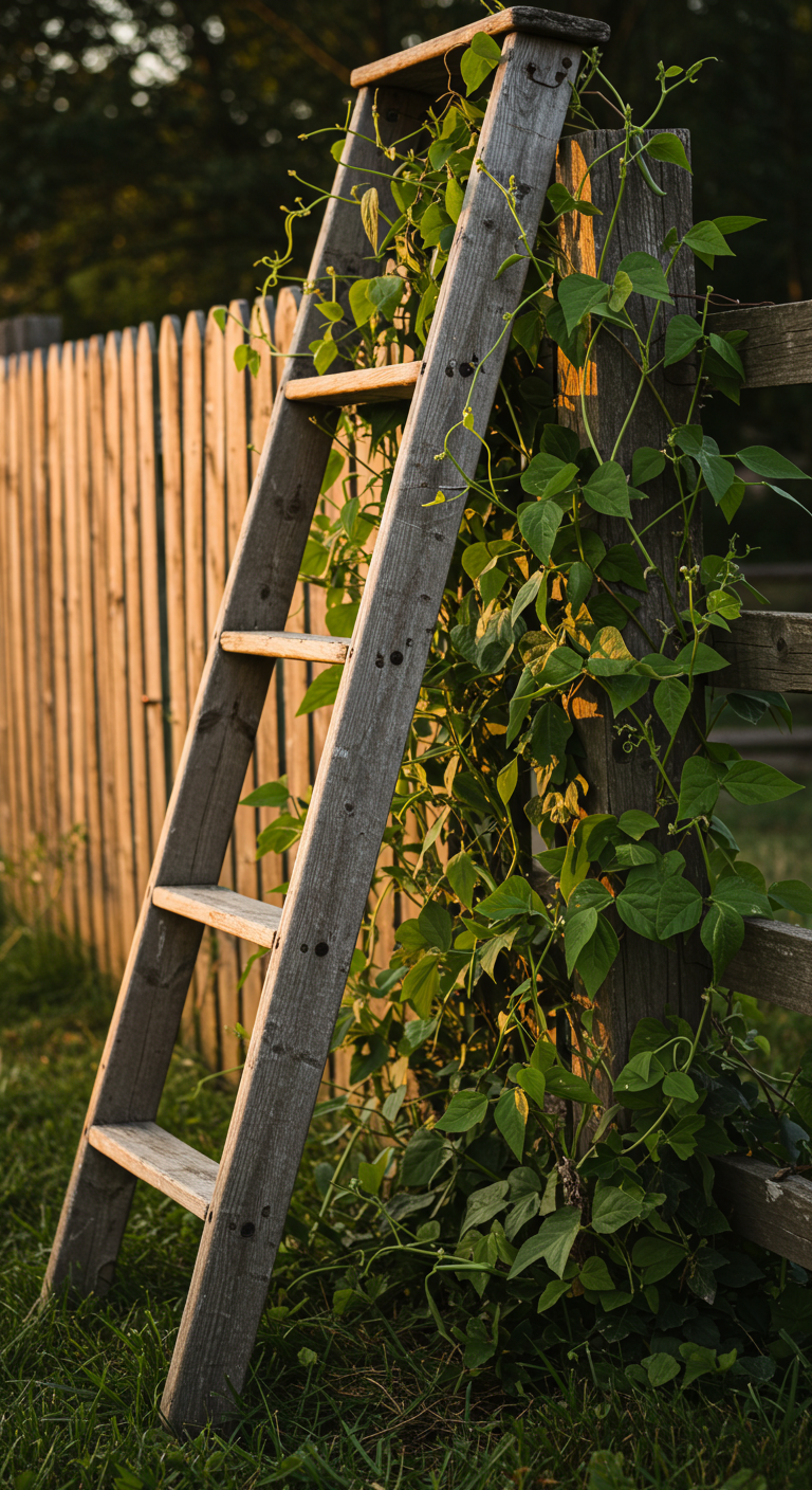 Old ladder transformed into a rustic trellis (AI modified)