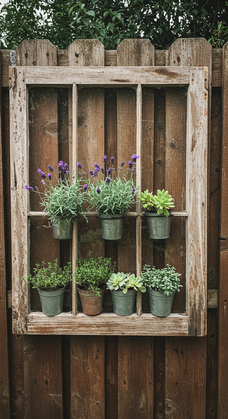 Old window frame turned into a planter grid (AI modified)