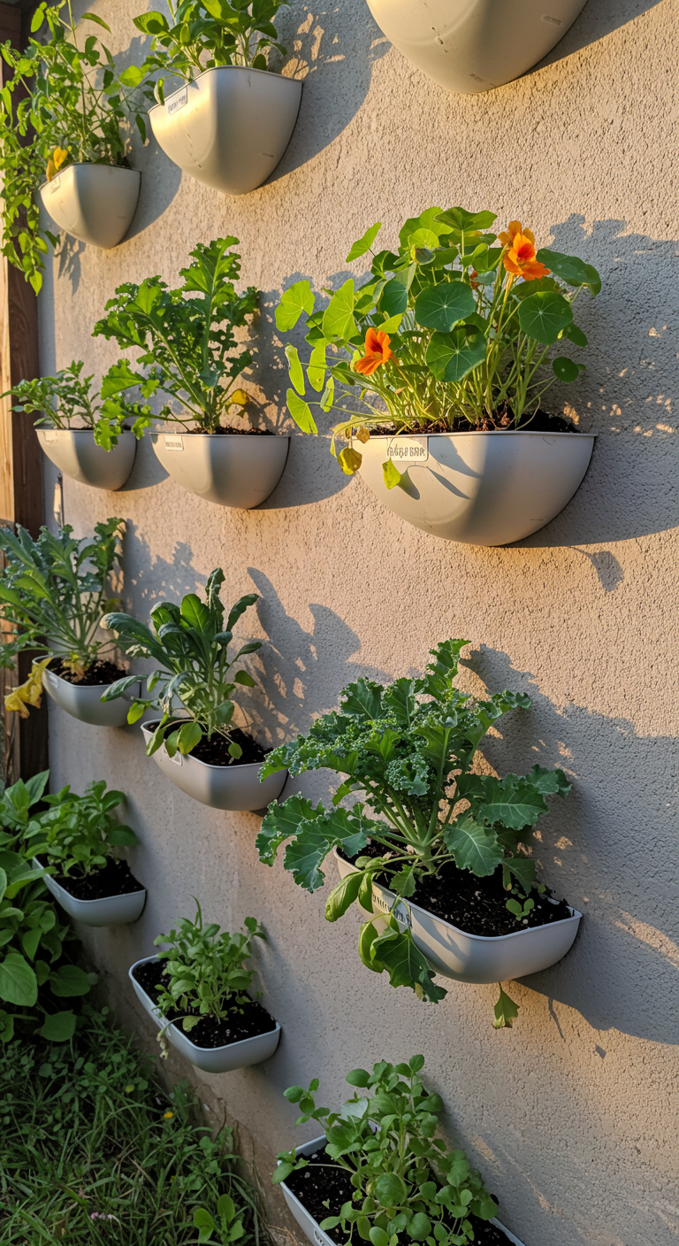 PVC pipe halves mounted as wall planters (AI modified)