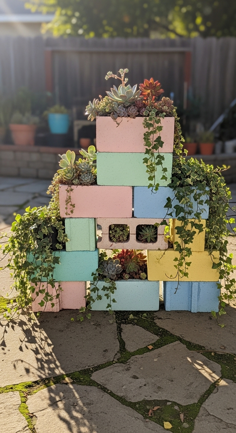 Painted cinder blocks repurposed as planters (AI modified)