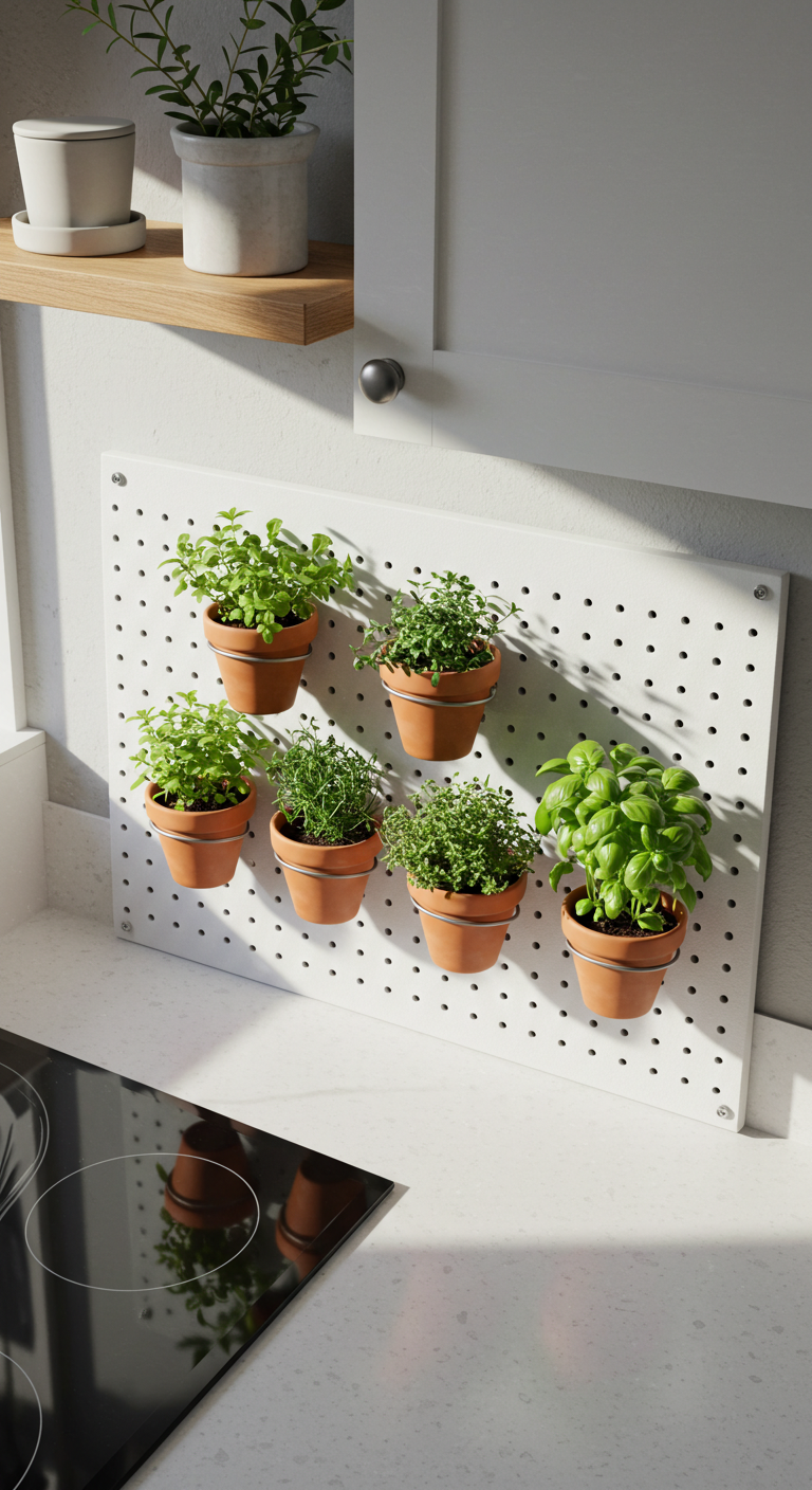 Pegboard wall used as a customizable plant display (AI modified)