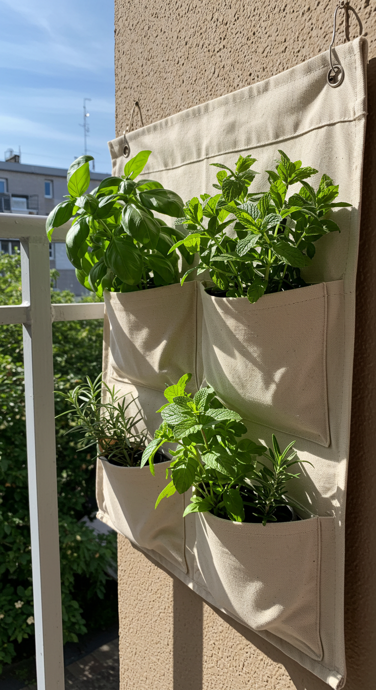 Pocket shoe organizer filled with herbs for a DIY vertical garden (AI modified)