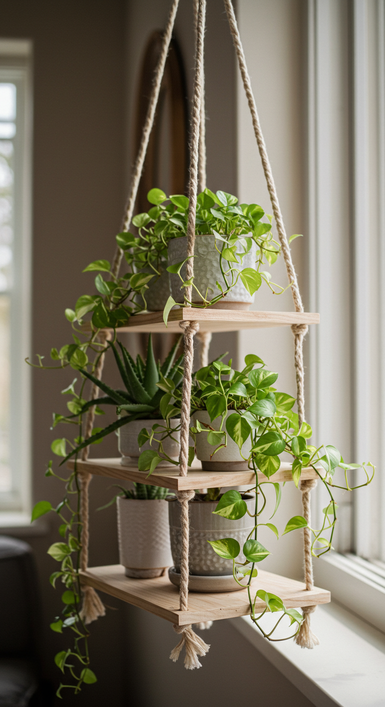 Rope-suspended shelves turned into plant holders (AI modified)