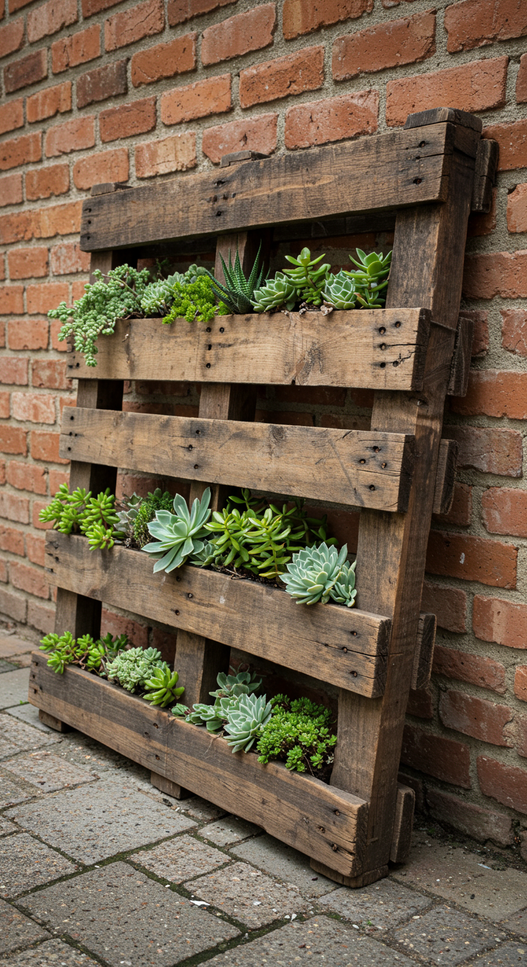 Rustic pallet turned into a succulent vertical wall (AI modified)
