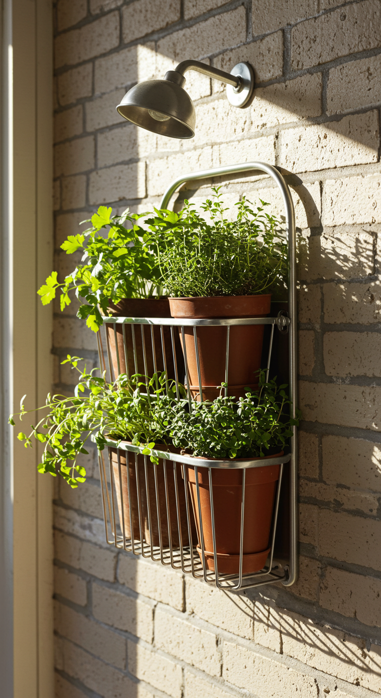 Shower caddy used as a vertical herb holder (AI modified)