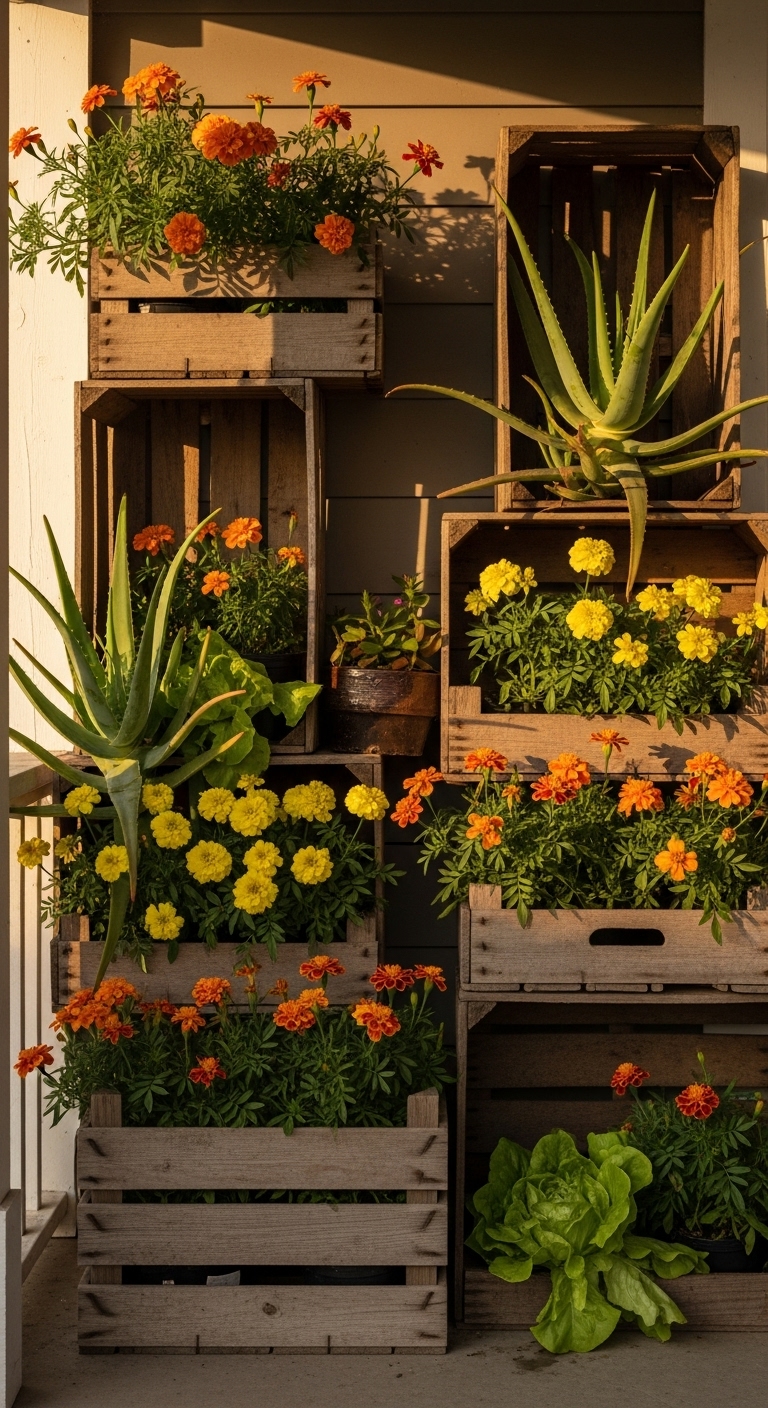 Stacked wooden crates turned into a vertical garden wall (AI modified)
