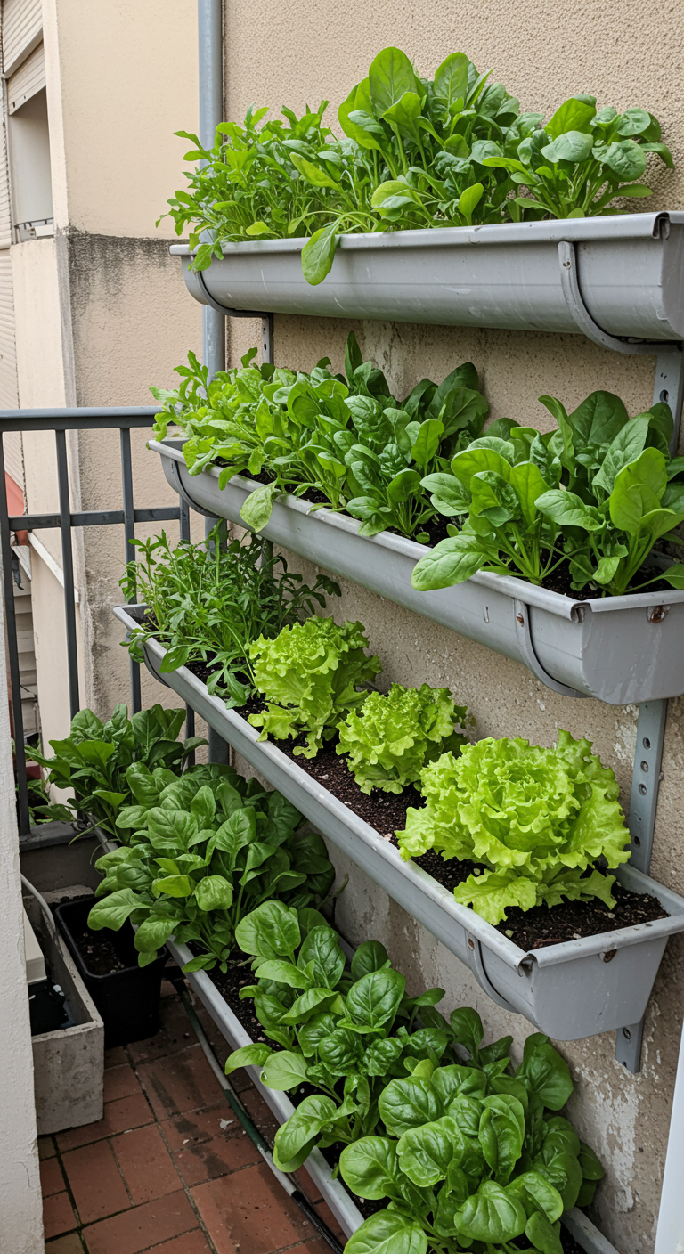 Tiered gutter planters filled with leafy greens (AI modified)