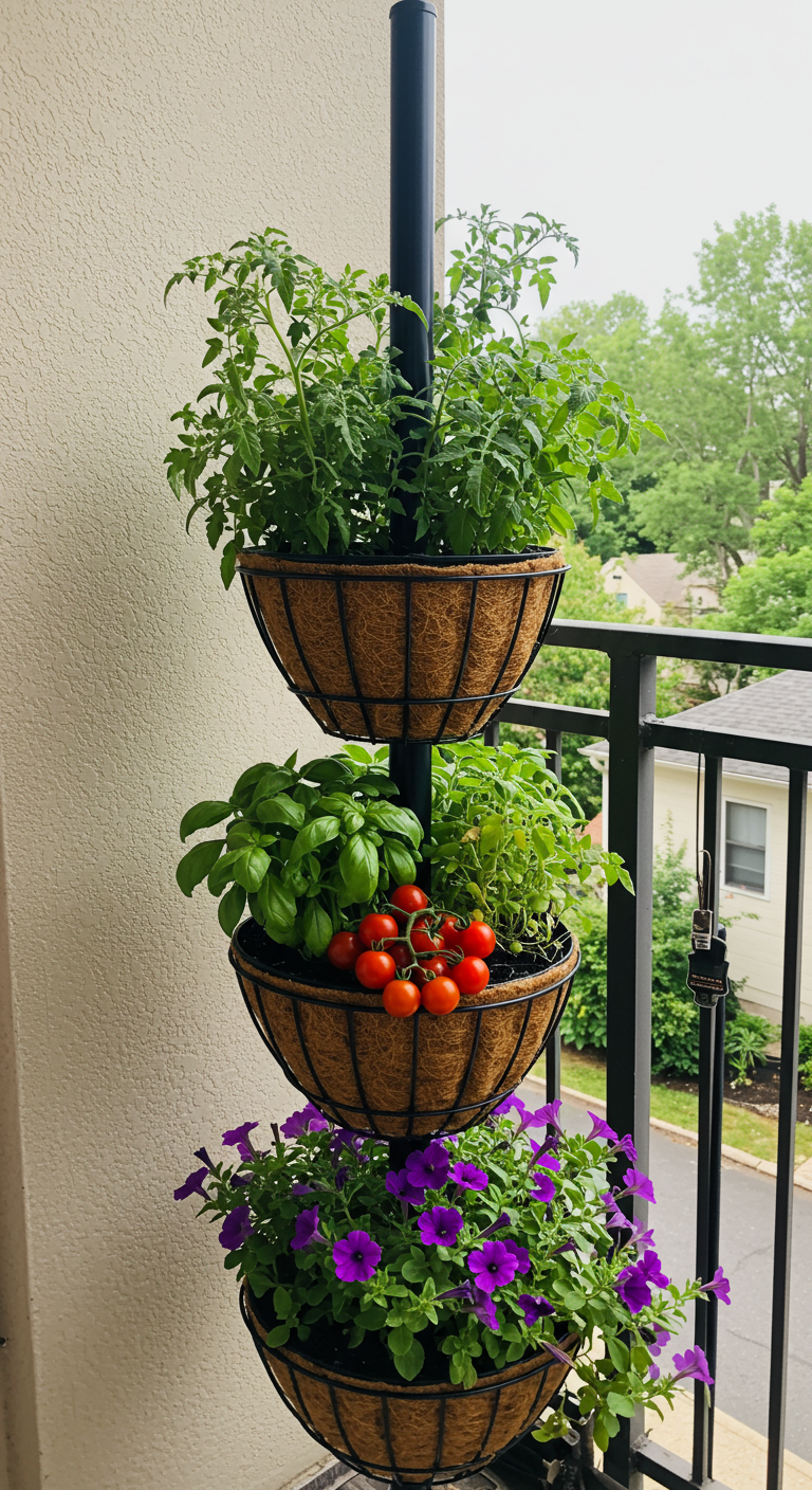 Tiered hanging baskets on a balcony pole for compact planting (AI modified)