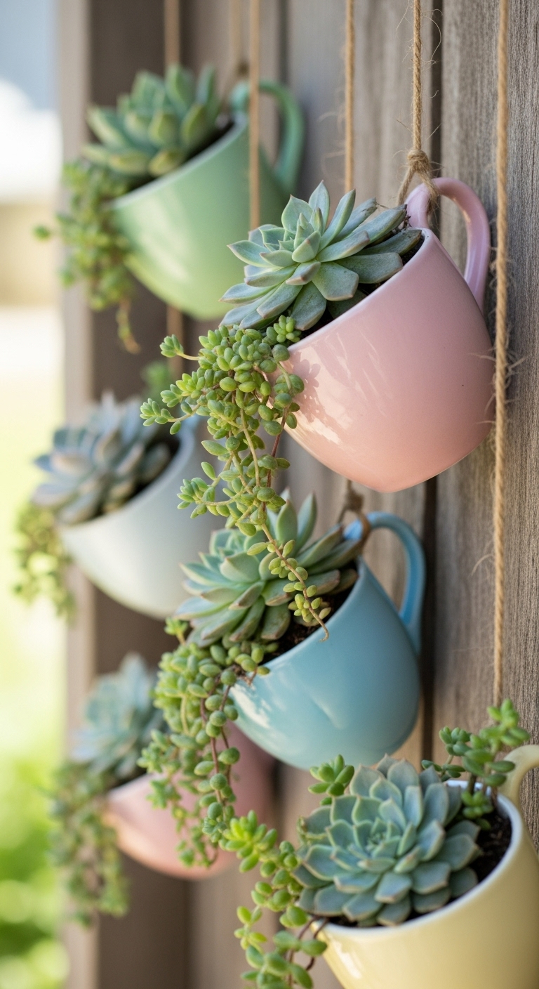 Vintage teacups turned into hanging succulent planters (AI modified)