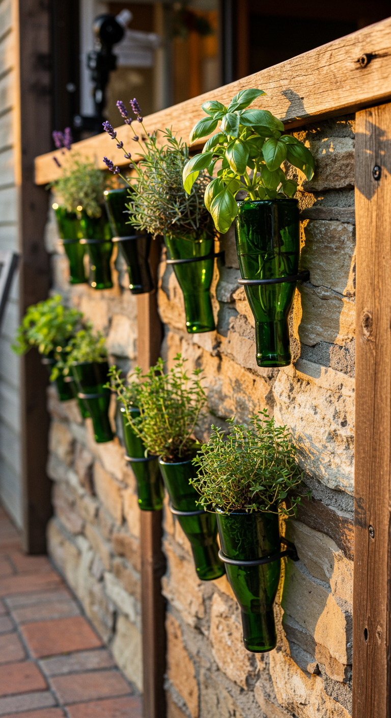 Wine bottles recycled into wall planters (AI modified)