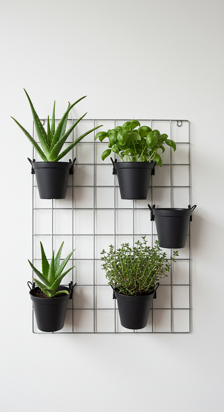 Wire mesh grid with clipped herb pots (AI modified)